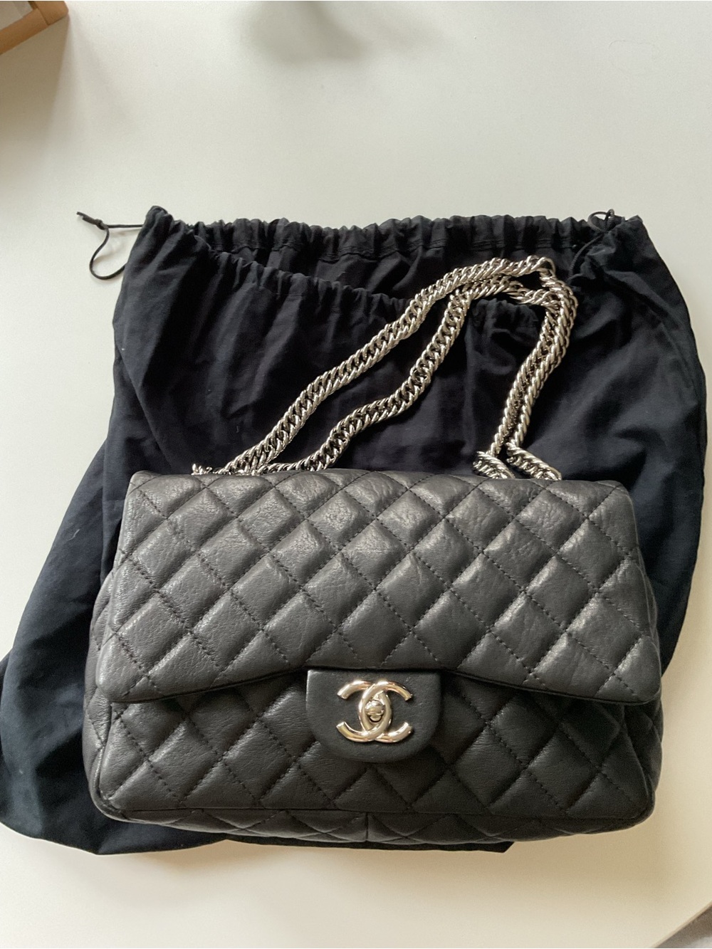 CHANEL Black Quilted Large Flap Shoulder Bag with Silver Chain